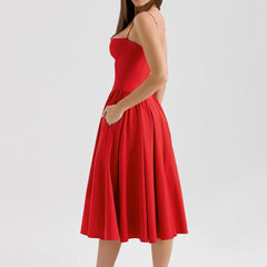 Solid Spaghetti Strap Bustier Pleated Midi Dress