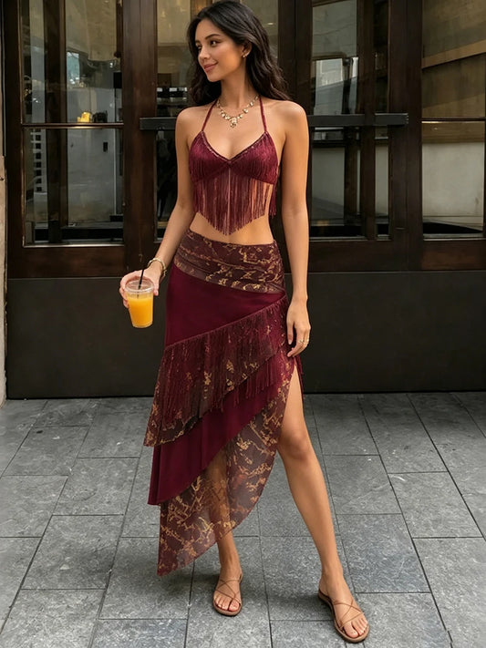 Burgendy Tassel Patchwork Halter Tank Top And Irregular Hem Midi Skirt Set