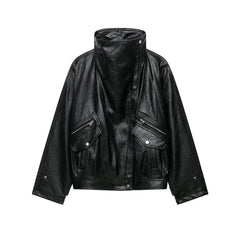 Black Faux Leather High Neck Zipper Biker Jacket