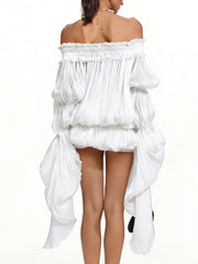 Slash Neck Long Sleeve Puff Mesh Hem Frill Mini Dress