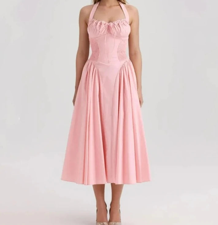 Drawstring Chest Pleated Low Waist A-lined Pink Midi Dress