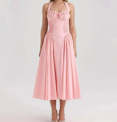 Drawstring Chest Pleated Low Waist A-lined Pink Midi Dress