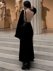 Knitted Backless Long Sleeve Maxi Dress