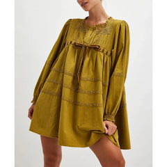 Bow Tie Long Puff Sleeve Embroidered Babydoll Mini Dress