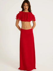 Red Tiered Mesh Crop Top And Maxi Skirt Set