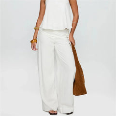 Striped/Solid Mid Rise Wide Leg Trousers