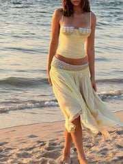 Yellow Diamonds Lace-up Top And Irregular Hem Midi Skirt Set