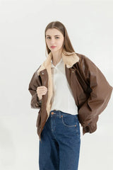 Faux Leather Lining Bomber Jacket - Free From Label