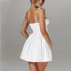 White Hollow out Embroidery Lace Cotton Corset Style Bow Mini Dress