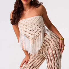 Tassel Hem Crochet Strapless Top