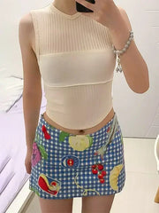 Fruit Printed Blue Plaid Mini Skirt