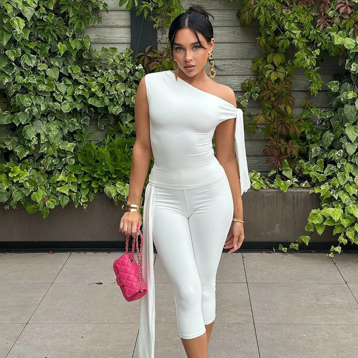 White 2 Piece Lace-up One Shoulder Top Knee Length Pant Suit