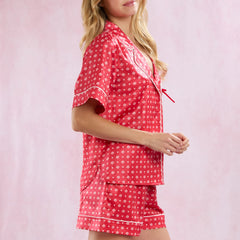 Heart Print Short Sleeve Lapel Neck Shirt with Pocket And Shorts Loungewear Pajamas Set