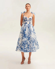Floral Print Tie Up Buster Flare Mesh Midi Dress