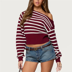 Off-Shoulder Striped Knit Sweater