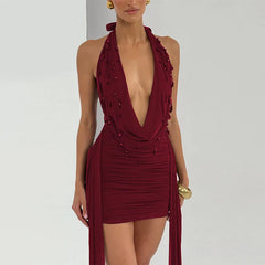 Halter Deep V Neck Teardrop Crystals Draped Mini Dress