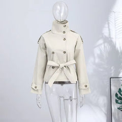 Stand Collar Double Breasted Long Sleeve Belted Short Trench Coat