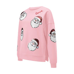 Sequin Santa Claus Face Crew Neck Pullover