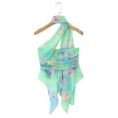 Green Tie-dye Print Chiffon Halter Tank Top And Mini Skirt Set