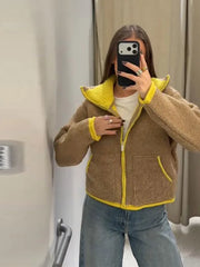 Reversible Two-Tone Fuzzy Stand Collar Zipper Jacket