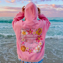 Women's floral letter embroidery hoodie with a loose fit and kangaroo pocket.

