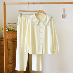 Cotton Doll Collar Shirt And Pants Pajama Sets