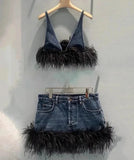 Spliced Feather Hem Denim Sling Vest Button Pocket Mini Skirt Suits