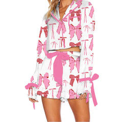 Long Sleeve Bow Print Button Up Top and Shorts Sleepwear Set