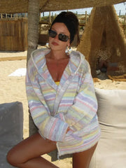 Pastel Gradient Striped Hooded Knit Cardigan
