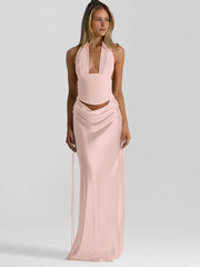 Halter Deep V Neck Top And Maxi Skirt Satin Ruched Set