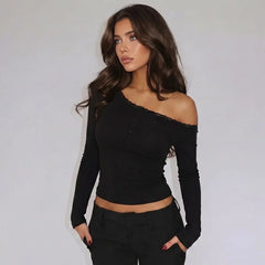 Diagonal Collar Long Sleeve Lace Patchwork Tee