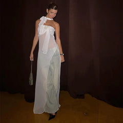 Sheer Mesh White Side Split Open Shoulder Long Dress