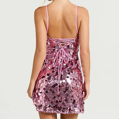 Sequin Spaghetti Strap Back Lace Up Mini Dress