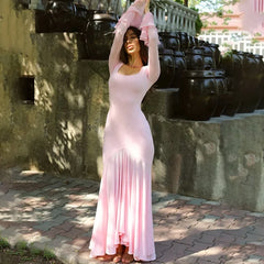 Pink Long Sleeve Ruffle Flare Maxi Dress Free From Label