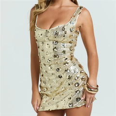 Sequin  Square Neck Wide Shoulder Strap Mini Dress