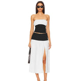 Black and White Patchwork Tube Top Slit Long Skirt Co-ord Set