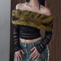 Black Ruched Off Shoulder Fur Trim Top