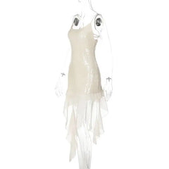 White Sequin Ruffle Hem Midi Dress