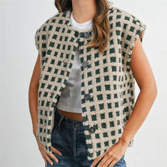Fleece Plaid Pattern Full Button Down Vest with Pockets
