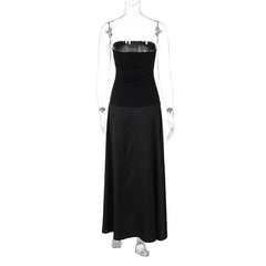 Black Strapless Satin Patchwork Maxi Dress