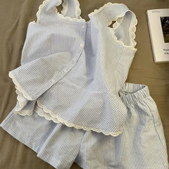 Blue Striped Sleeveless Top And Shorts Set