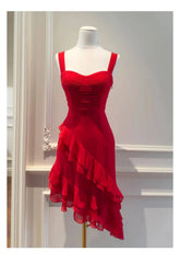 Red Ruffled Sweetheart Neck Strappy Irregular Hem Midi Dress