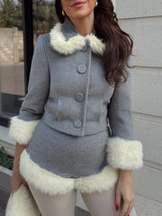 Grey Button Up Fur Trim Collar Crop Jacket And Shorts Set