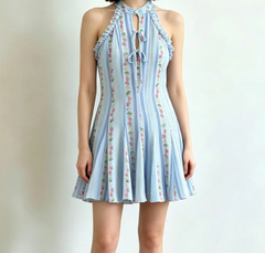Blue Floral Stripes Print Sleeveless Mini Dress