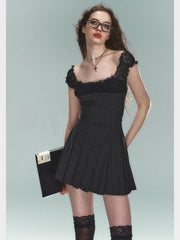 Black Pleated Strap Mini Dress