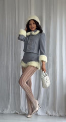 Grey Button Up Fur Trim Collar Crop Jacket And Shorts Set