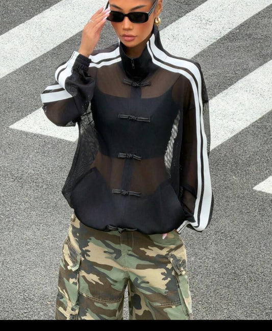 Black Mesh Patchwork Stripe Decoration Jacket
