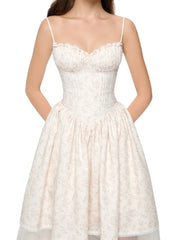 Apricot Floral Print Lacing Up Long Dress