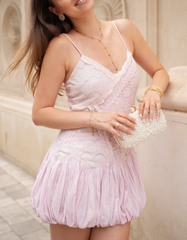 Pink Patchwork Pattern Lace Spaghetti Strap Mini Dress