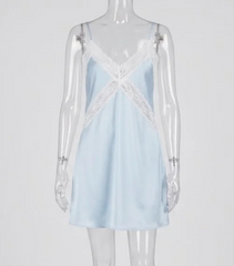 Blue Satin Lace Trim V-Neck Spaghetti Strap Mini Slip Dress